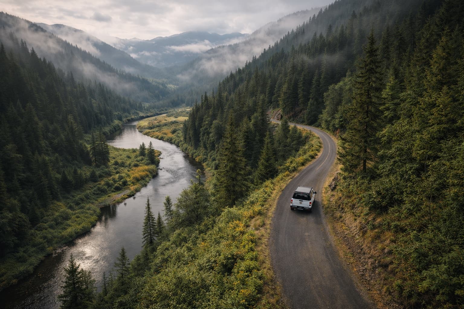 Truck driving a winding road through a misty Pacific Northwest river valley